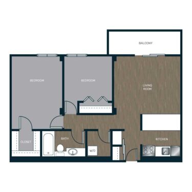Rendering of the The Broadway floor plan with 2 bedroom[s] and 1 bathroom[s] at Skyline 1801