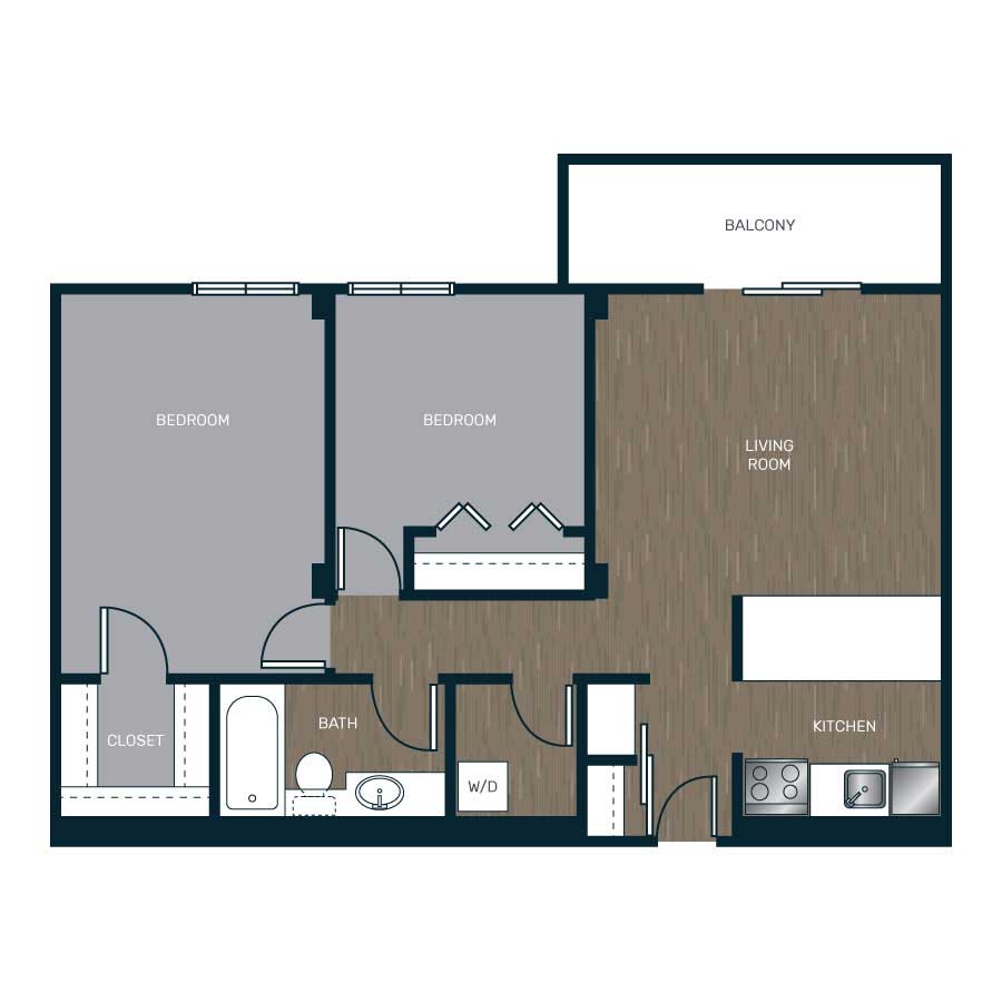 Rendering of the The Broadway floor plan with 2 bedroom[s] and 1 bathroom[s] at Skyline 1801
