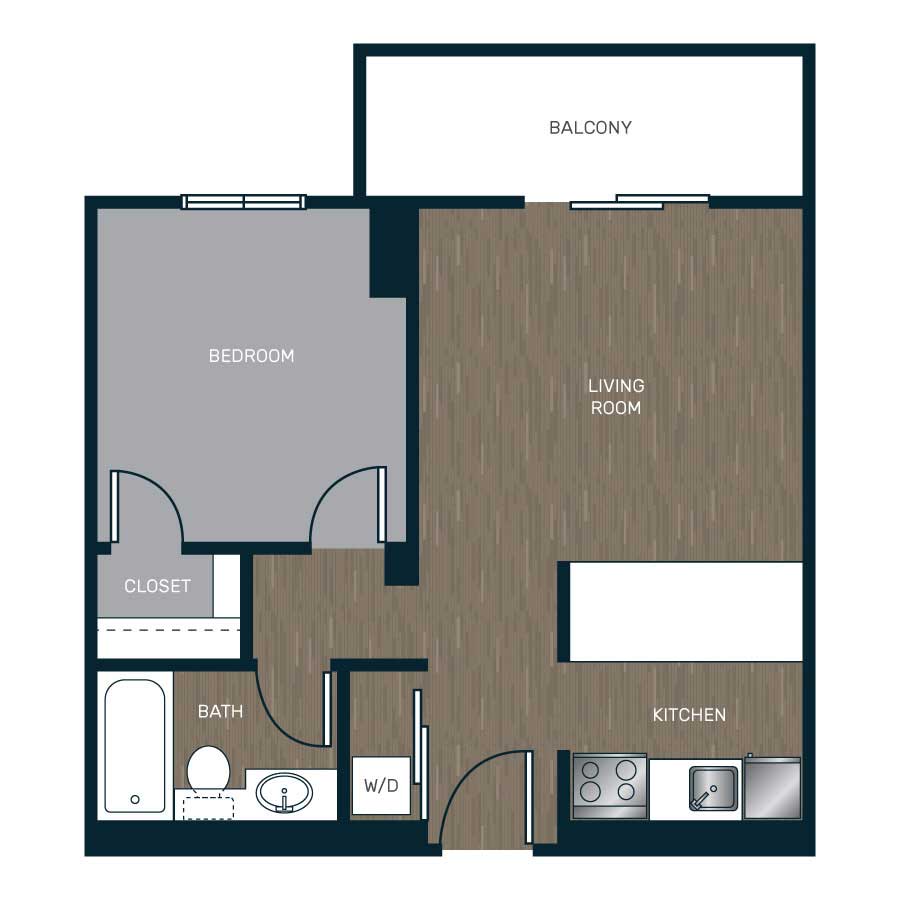Rendering of the The Arapahoe floor plan with 1 bedroom[s] and 1 bathroom[s] at Skyline 1801