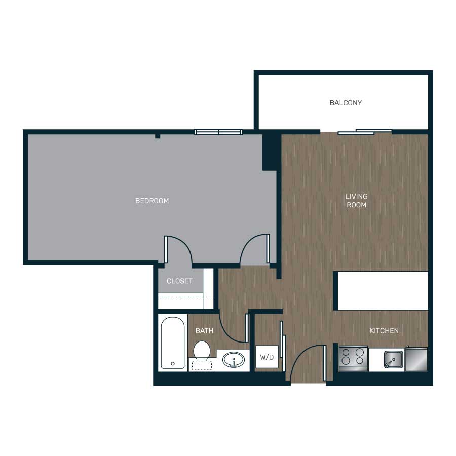 Rendering of the The Curtis floor plan with 1 bedroom[s] and 1 bathroom[s] at Skyline 1801