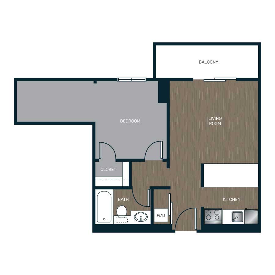 Rendering of the The Larimer floor plan with 1 bedroom[s] and 1 bathroom[s] at Skyline 1801